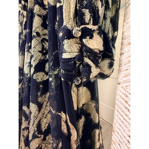 BETSY & ADAM Elle Long Sleeve Side Ruffled Slit Gown Size 8 Navy Evening Formal - Picture 4 of 6